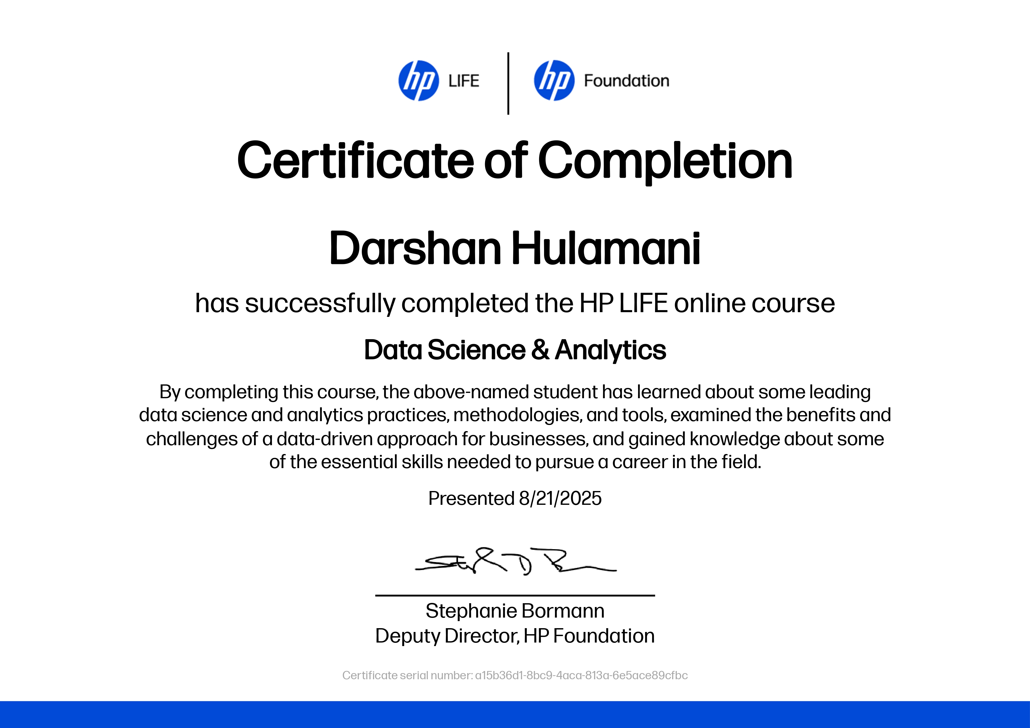 HP Life Data Science and Analytics Certificate